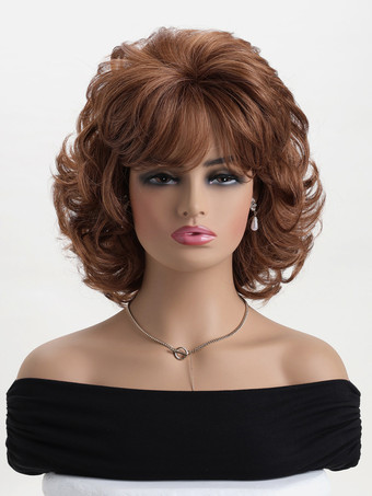 ふわふわのショートカーリーヘア、サイドバング付き、女性用ヴィンテージ合成ウィッグ 2025