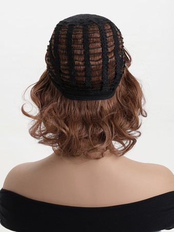 ふわふわのショートカーリーヘア、サイドバング付き、女性用ヴィンテージ合成ウィッグ 2025