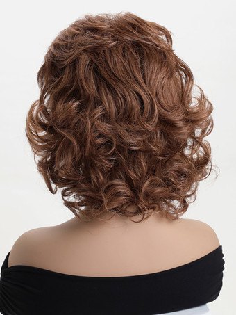 ふわふわのショートカーリーヘア、サイドバング付き、女性用ヴィンテージ合成ウィッグ 2025