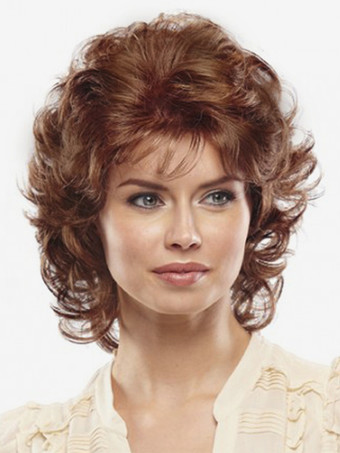 ブラウンふわふわのショートカーリーヘア、サイドバング付き、女性用ヴィンテージ合成ウィッグ 2025