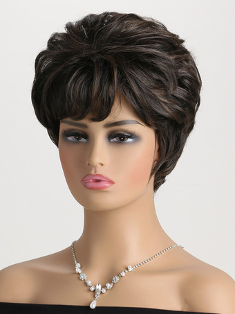 黒茶色のショートカーリーボブ、前髪あり、女性用合成ウィッグ 2025