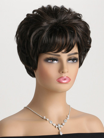 黒茶色のショートカーリーボブ、前髪あり、女性用合成ウィッグ 2025