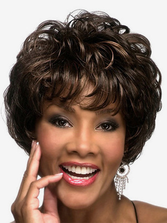 暗い茶色黒茶色のショートカーリーボブ、前髪あり、女性用合成ウィッグ 2025