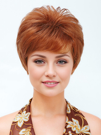 ブリックレッドレイヤードボブウィッグ、前髪付き、女性用ショート合成ウィッグ 2025