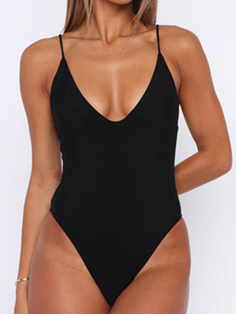 ブラック セクシーなワンピース水着 Vネック 無地 水着 女性用 2025
