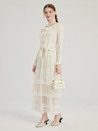 Falda larga en capas en color blanco Falda tipo A para mujer 2025