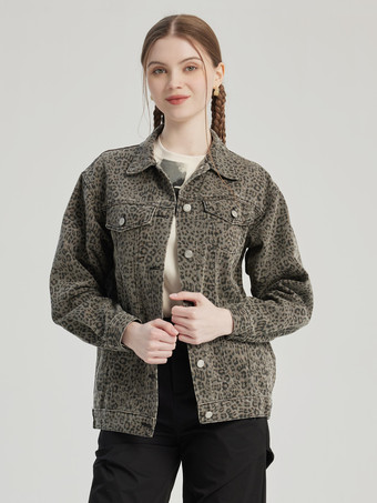 GraubraunLeopardenjacke mit Umlegekragen Frühlingsoberbekleidung für Damen 2025