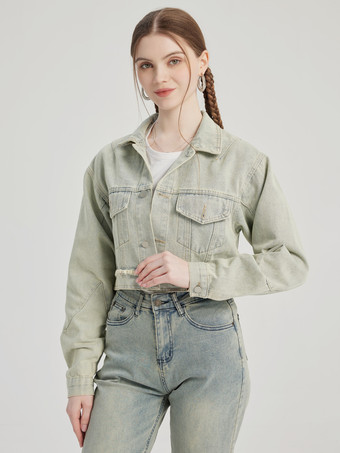 Hellschiefergrau Vintage Denim Kurze Jacke Turndown Kragen Frühling Oberbekleidung Für Frauen 2025
