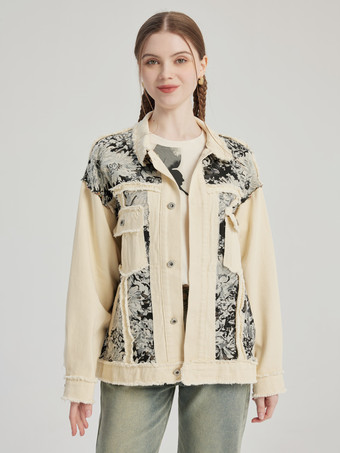 アプリコット花柄プリントデニムジャケット ターンダウンカラー 春アウター レディース 2026