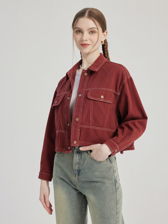 Giacca in denim rosso mattone con collo rovesciato capospalla primaverile per donna 2025