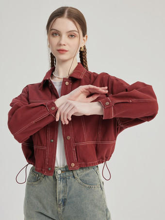 Giacca in denim rosso mattone con collo rovesciato capospalla primaverile per donna 2025