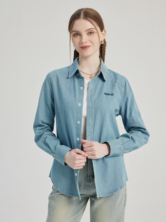 Blue Denim Shacket Turndown Collar Spring Outerwear For Women 2026