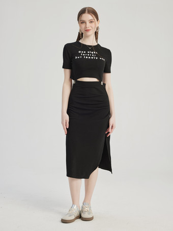 ブラック クロップトップとミディ丈スリットスカートのブラックツーピースコーデセット 夏コーデ レディース 2026