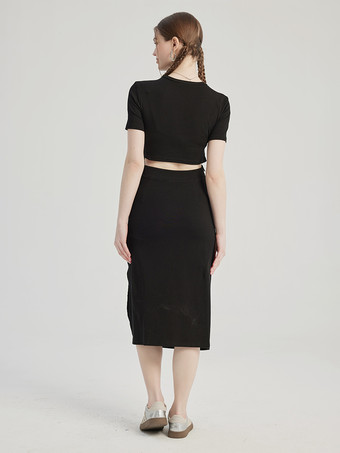 クロップトップとミディ丈スリットスカートのブラックツーピースコーデセット 夏コーデ レディース 2026