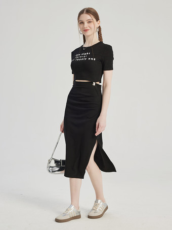 クロップトップとミディ丈スリットスカートのブラックツーピースコーデセット 夏コーデ レディース 2026