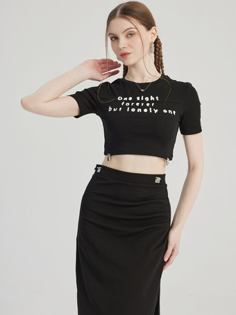 クロップトップとミディ丈スリットスカートのブラックツーピースコーデセット 夏コーデ レディース 2026