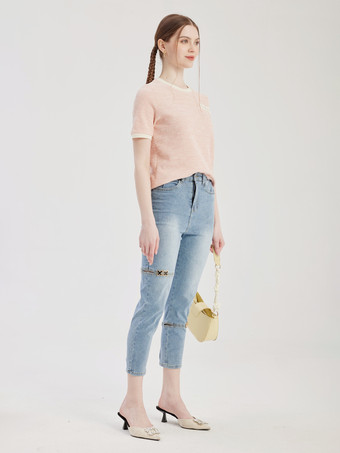 ライトブルー クロップド ジーンズ スリムフィット カジュアル ボトムス レディース 2026