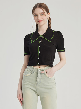 コントラスト ポロ ニット トップ 半袖 クロップ トップ レディース 2026