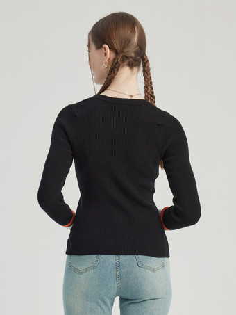 Black Knit Cardigan V-neck Colorful Buttons Striped Cuffs Spring Tops For Women 2025