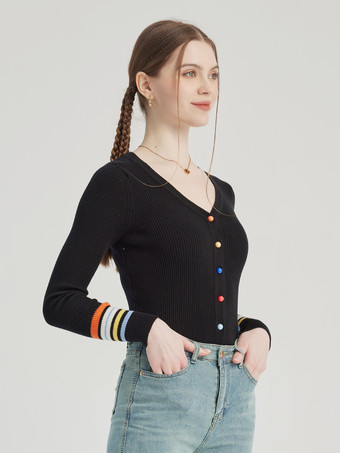 Black Knit Cardigan V-neck Colorful Buttons Striped Cuffs Spring Tops For Women 2025