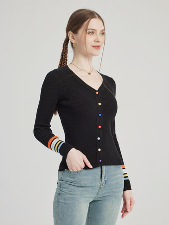 Black Knit Cardigan V-neck Colorful Buttons Striped Cuffs Spring Tops For Women 2025