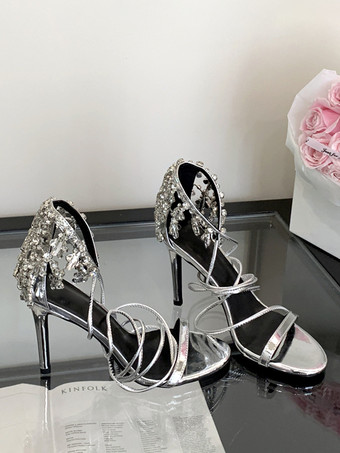 シルバーハイヒールサンダル レディース オープントゥ ラインストーン レースアップ パーティーシューズ