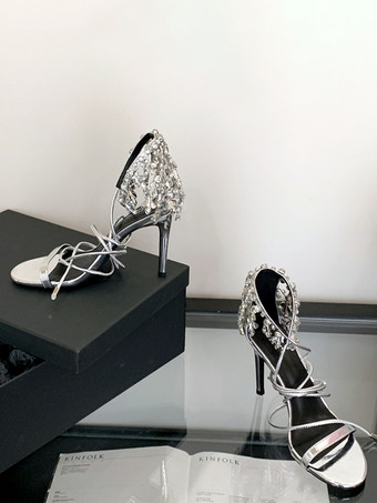 シルバーハイヒールサンダル レディース オープントゥ ラインストーン レースアップ パーティーシューズ