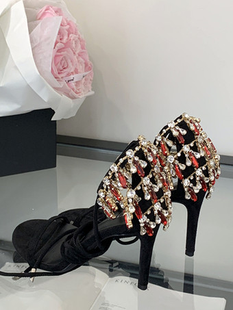 シルバーハイヒールサンダル レディース オープントゥ ラインストーン レースアップ パーティーシューズ