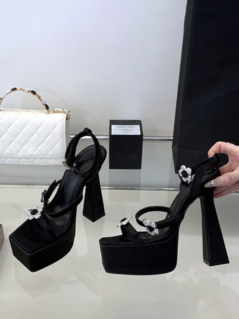 ブラック ハイヒール サンダル プラットフォーム オープントゥ ラインストーン ストラップ ブロックヒール パーティーシューズ