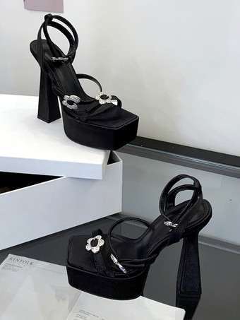 ブラック ハイヒール サンダル プラットフォーム オープントゥ ラインストーン ストラップ ブロックヒール パーティーシューズ