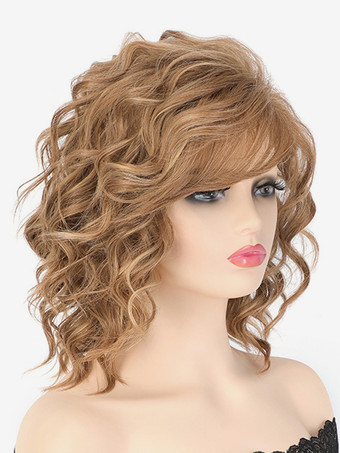 Brown Medium-length Curly Hair With Side Bangs Synthetic Fiber Wig For Women 2025