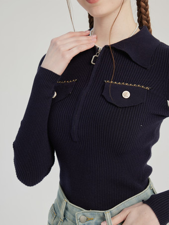 Navy Polo Knit Shirt Striped Long Sleeve Spring Top For Women 2025
