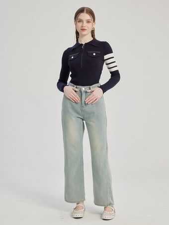 Navy Polo Knit Shirt Striped Long Sleeve Spring Top For Women 2025