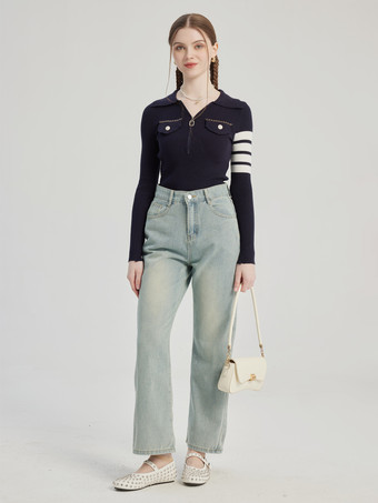 Navy Polo Knit Shirt Striped Long Sleeve Spring Top For Women 2025