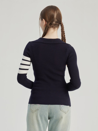 Navy Polo Knit Shirt Striped Long Sleeve Spring Top For Women 2025