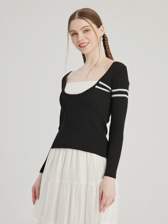 Kontrastfarbenes Strick-T-Shirt gefälschtes zweiteiliges Frühlingsoberteil für Damen 2025