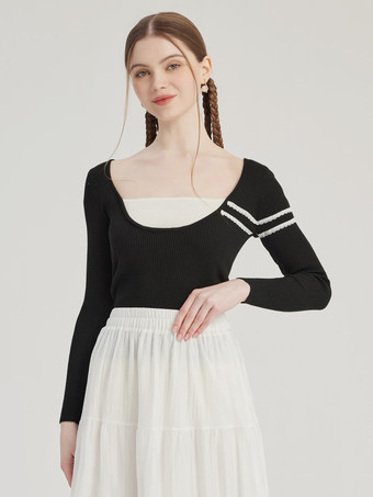 Kontrastfarbenes Strick-T-Shirt gefälschtes zweiteiliges Frühlingsoberteil für Damen 2025