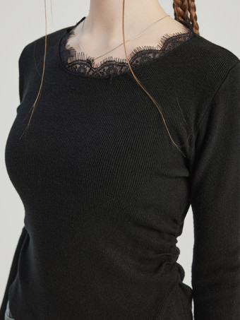 レース装飾付きブラックベーシックTシャツクルーネック春トップスレディース2025