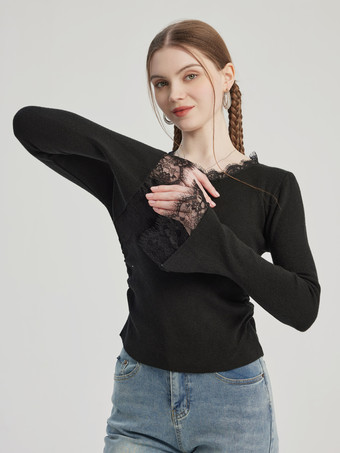 レース装飾付きブラックベーシックTシャツクルーネック春トップスレディース2025