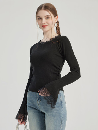 レース装飾付きブラックベーシックTシャツクルーネック春トップスレディース2025