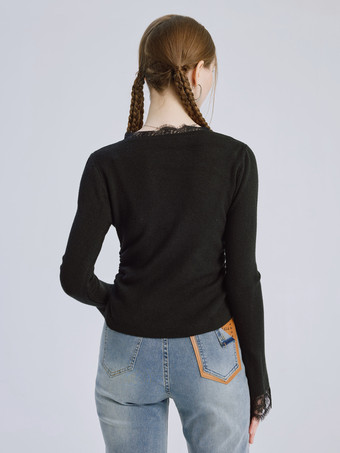 レース装飾付きブラックベーシックTシャツクルーネック春トップスレディース2025