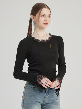 ブラック レース装飾付きブラックベーシックTシャツクルーネック春トップスレディース2025