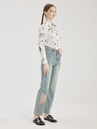 刺繍入りストレートジーンズ クロップドパンツ レディース 2026