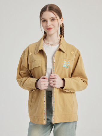 Vintage Arbeitsjacke Umlegekragen Reißverschluss Frühlingsoberbekleidung für Damen 2025