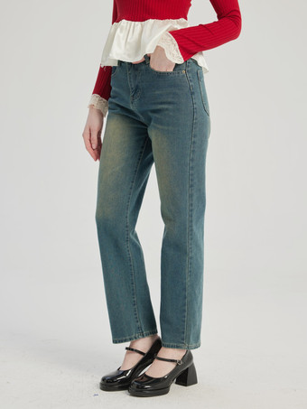 ディープブルーストレートジーンズ カジュアル クロップドパンツ レディース 2026