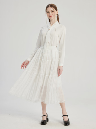 White Shirt With Tie Neck V-neck Long Sleeve Spring Top For Women 2025