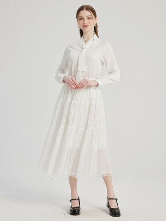 White Shirt With Tie Neck V-neck Long Sleeve Spring Top For Women 2025