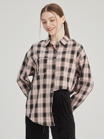 Braun      Rosa kariertes bedrucktes Hemd übergroße Frühlingsoberteile für Damen 2025