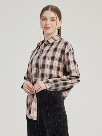 Rosa kariertes bedrucktes Hemd übergroße Frühlingsoberteile für Damen 2025