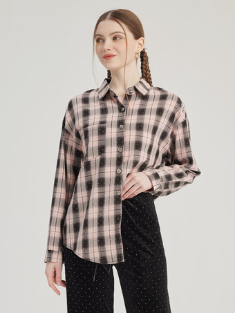 Rosa kariertes bedrucktes Hemd übergroße Frühlingsoberteile für Damen 2025